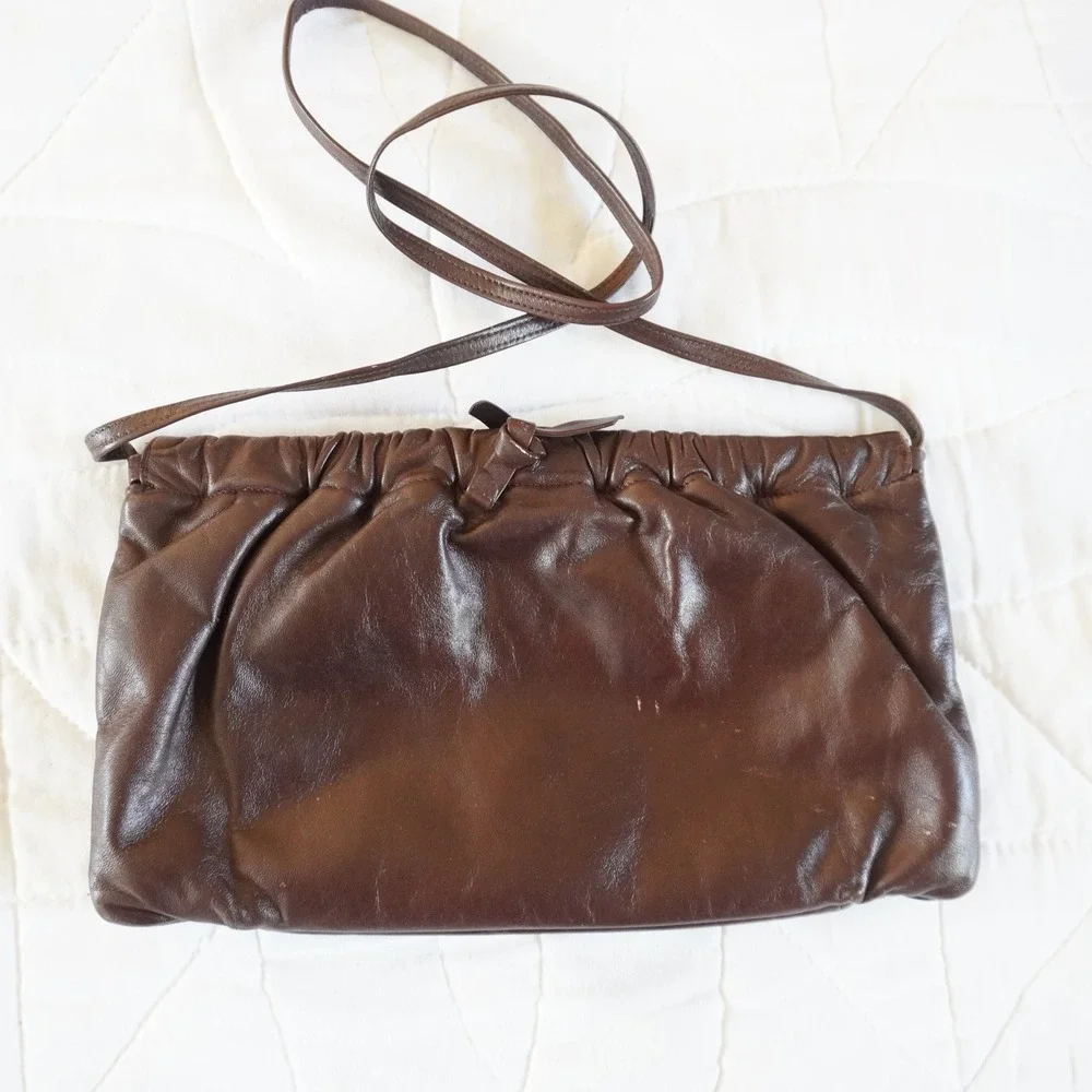 VTG Anne Klein for Calderon Burgundy Brown Leather Gathered Clutch Crossbody Bag